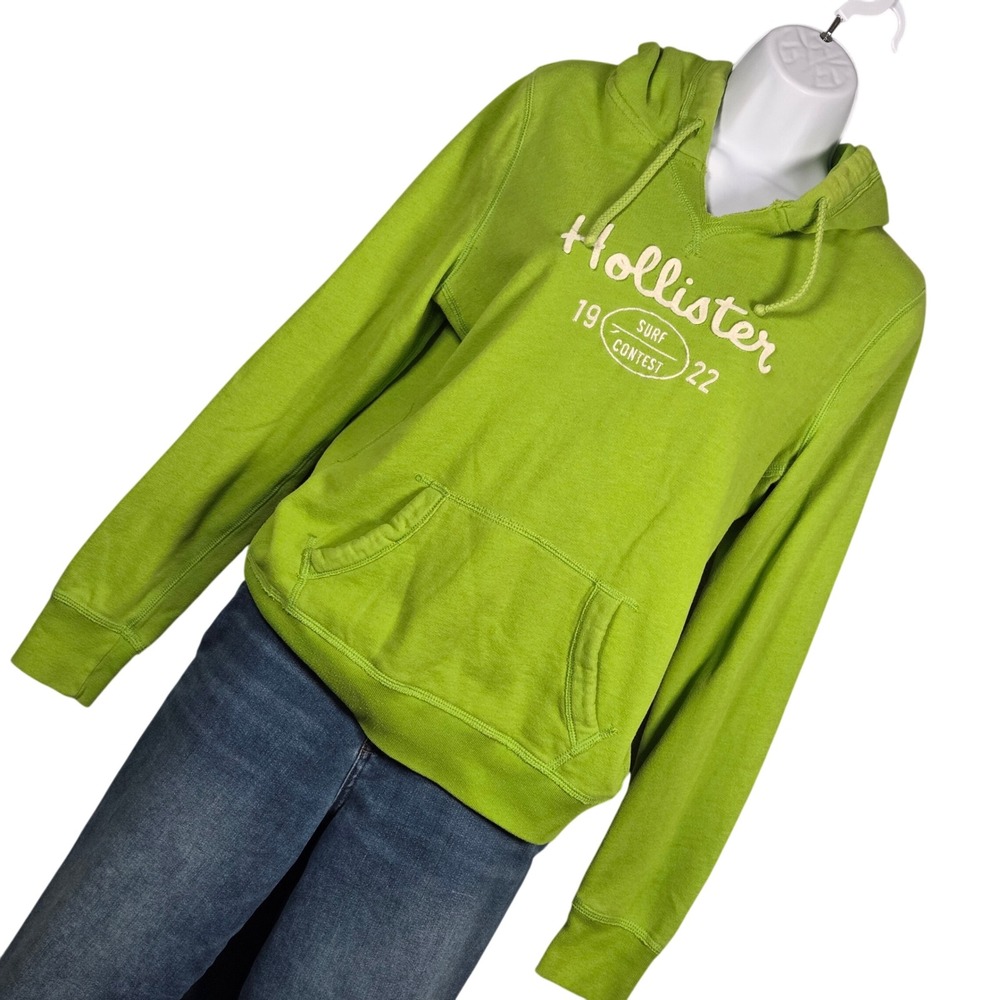 Hollister Y2K Hoodie Lime Green Women Large Surf V Neck Sweatshirt 3D Letters
